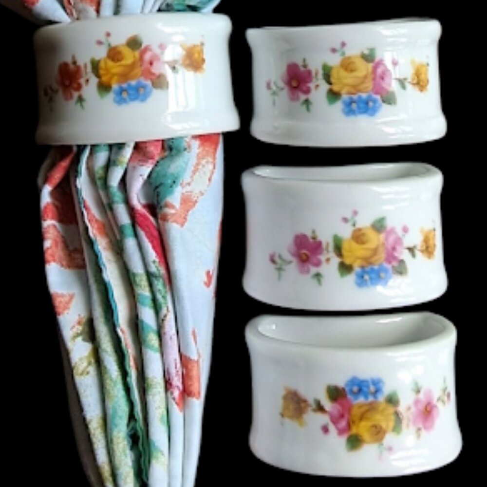 Napkin Rings Holders Vintage Porcelain Floral Set Of 4 - Picture 5 of 7